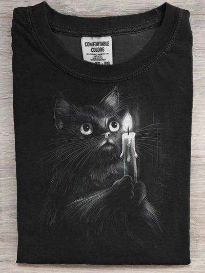 Candle Cat Print Casual Short Sleeve T-Shirt