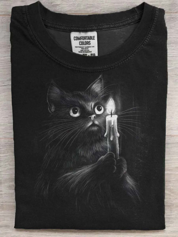 Candle Cat Print Casual Short Sleeve T-Shirt