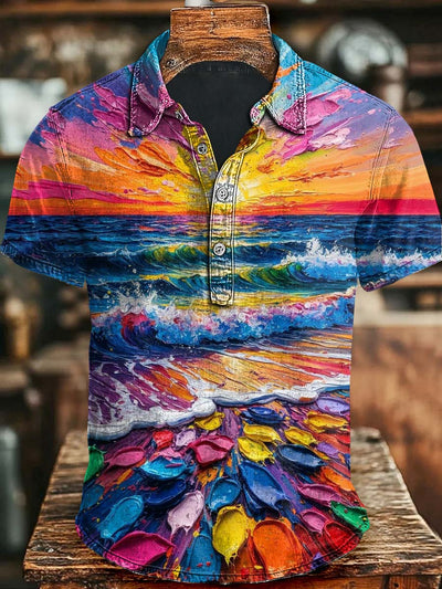 Abstract Oil Painting Beach Print Casual Short Sleeve Polo Shirt