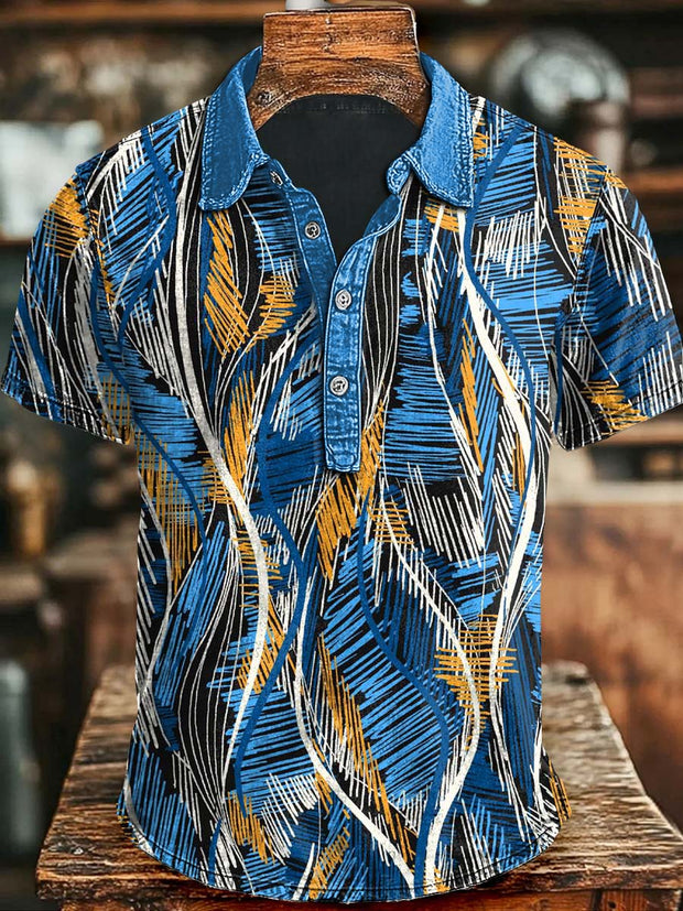 Abstract Line Leaf Print Casual Short Sleeve Polo Shirt