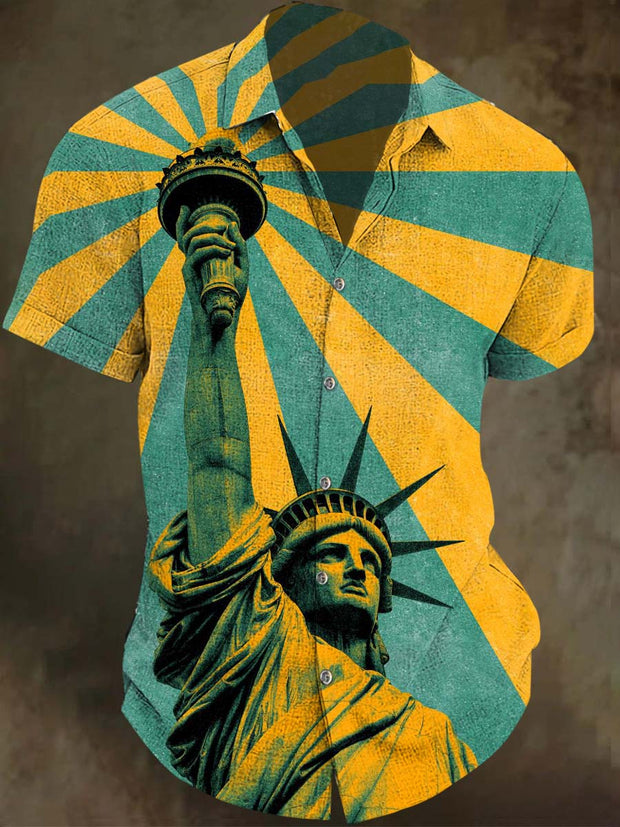 Abstract Stripe Statue of Liberty Print Casual Short Sleeve Shirt