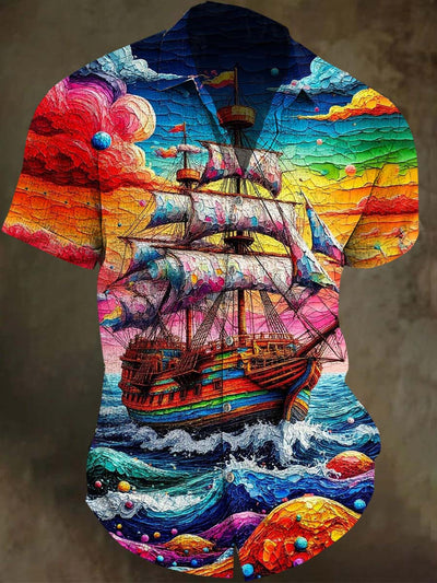 Colorful Abstract Sailboat Print Casual Short Sleeve Shirt