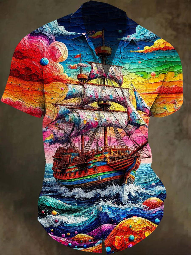 Colorful Abstract Sailboat Print Casual Short Sleeve Shirt