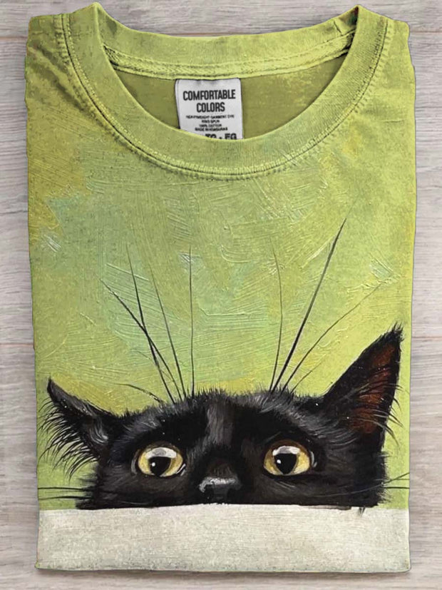 Cute Probe Cat Print Casual Short Sleeve T-Shirt