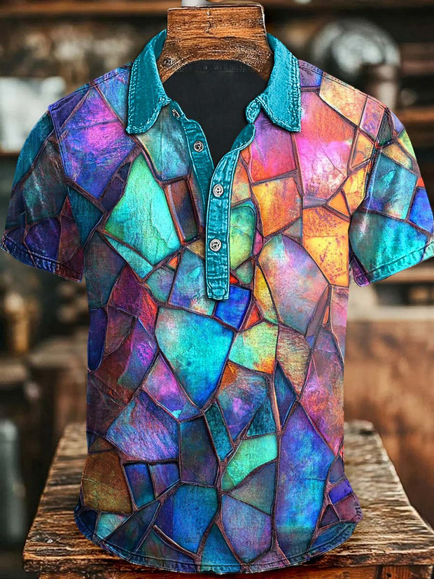 Abstract Colorful Glass Geometric Print Casual Short Sleeve Polo Shirt