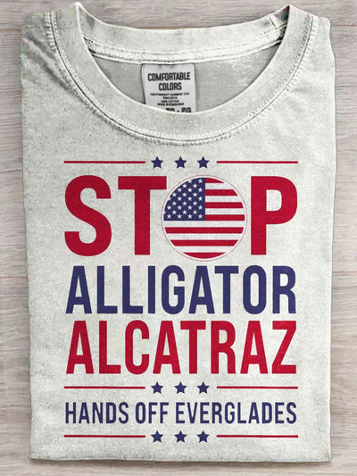 Stop Crocodile Alcatraz Print Casual Short Sleeve T-Shirt