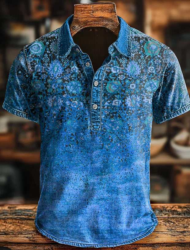 Retro Ethnic Art Print Casaul Short SLeeve Polo Shirt