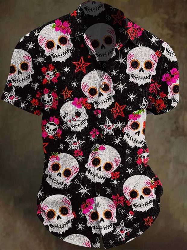 Floral Skull Print Casual Short Sleeve Shirt