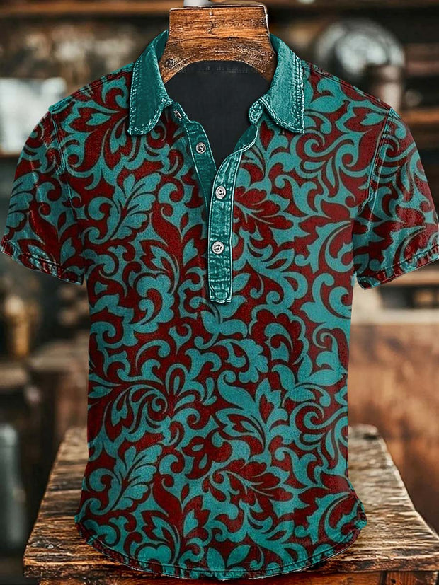 Vintage Floral Print Casual Short Sleeve Polo Shirt