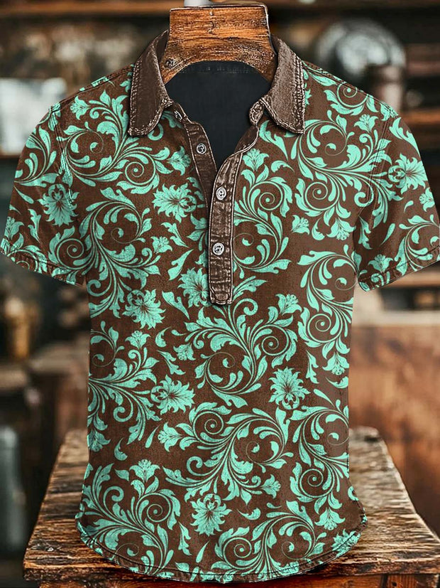 Vintage Floral Print Casual Short Sleeve Polo Shirt