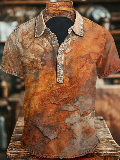 Vintage Rust Gradient Print Casual Short Sleeve Polo Shirt