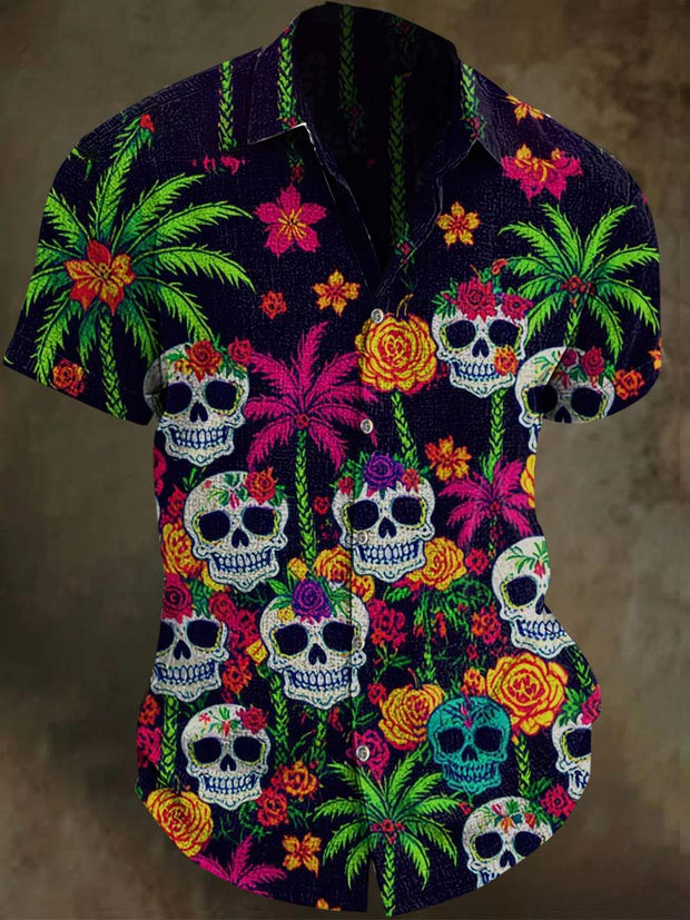 Hawaiian Floral Skull Print Casual Short Sleeve Shirt