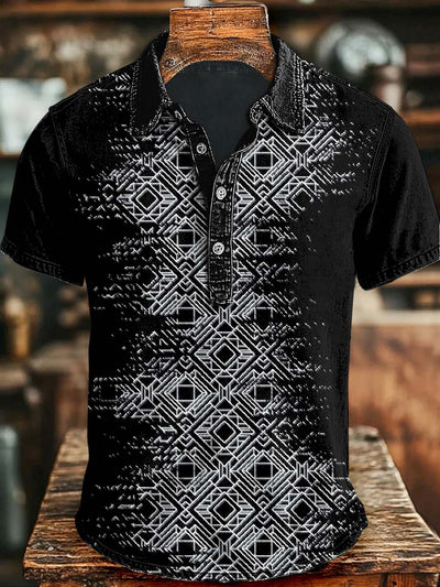 Retro Geometric Print Casual Short Sleeve Polo Shirt