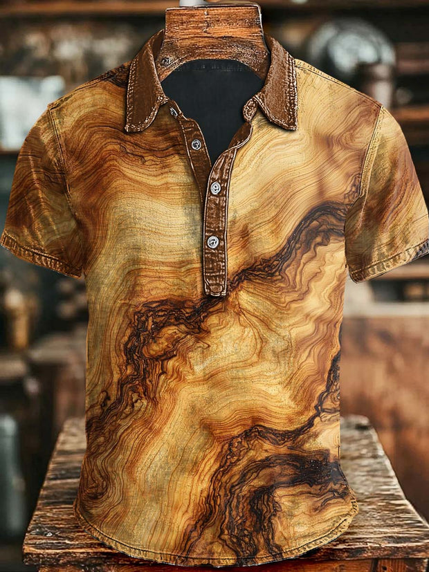 Natural Wood Texture Print Casual Short Sleeve Polo Shirt