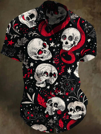 Vintage Skull Snake Print Casual Short Sleeve Shirt
