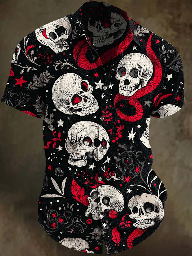 Vintage Skull Snake Print Casual Short Sleeve Shirt