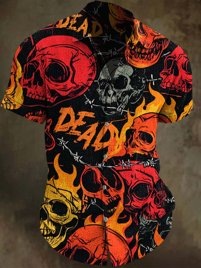 Vintage Flame Skull Print Casual Short Sleeve Shirt