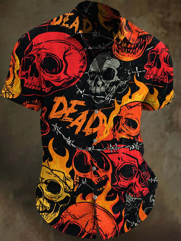 Vintage Flame Skull Print Casual Short Sleeve Shirt