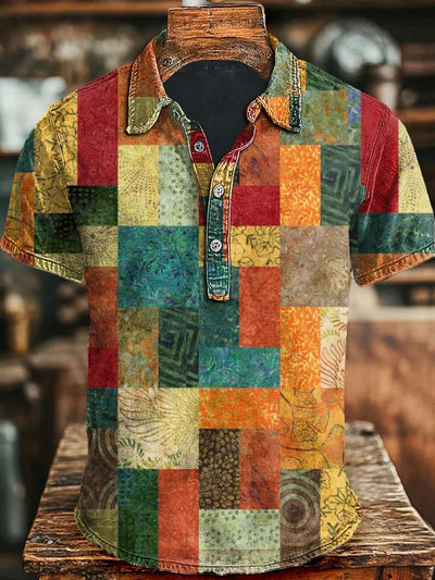 Vintage Colorful Abstract Irregular Plaid Print Casual Short Sleeve Polo Shirt