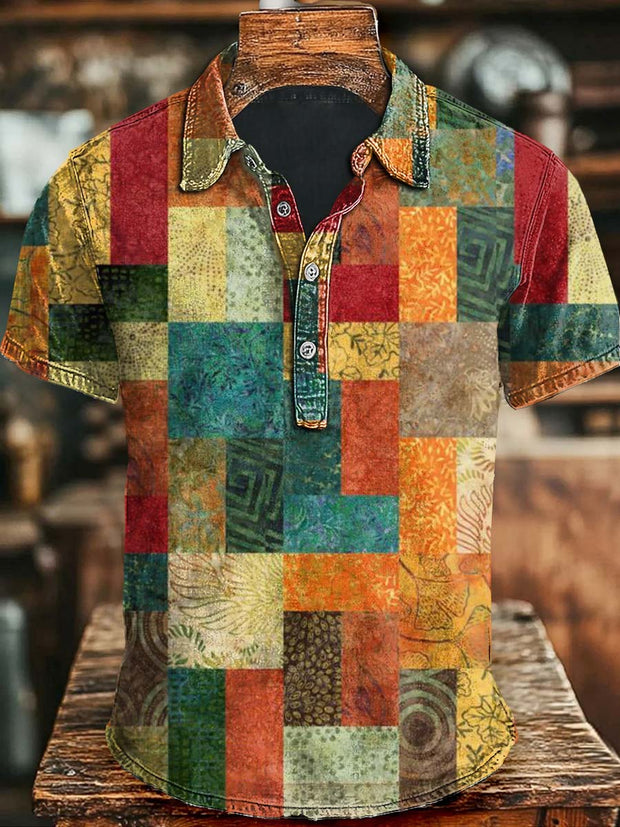 Vintage Colorful Abstract Irregular Plaid Print Casual Short Sleeve Polo Shirt