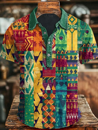 Vintage Colorful Abstract Irregular Plaid Print Casual Short Sleeve Polo Shirt