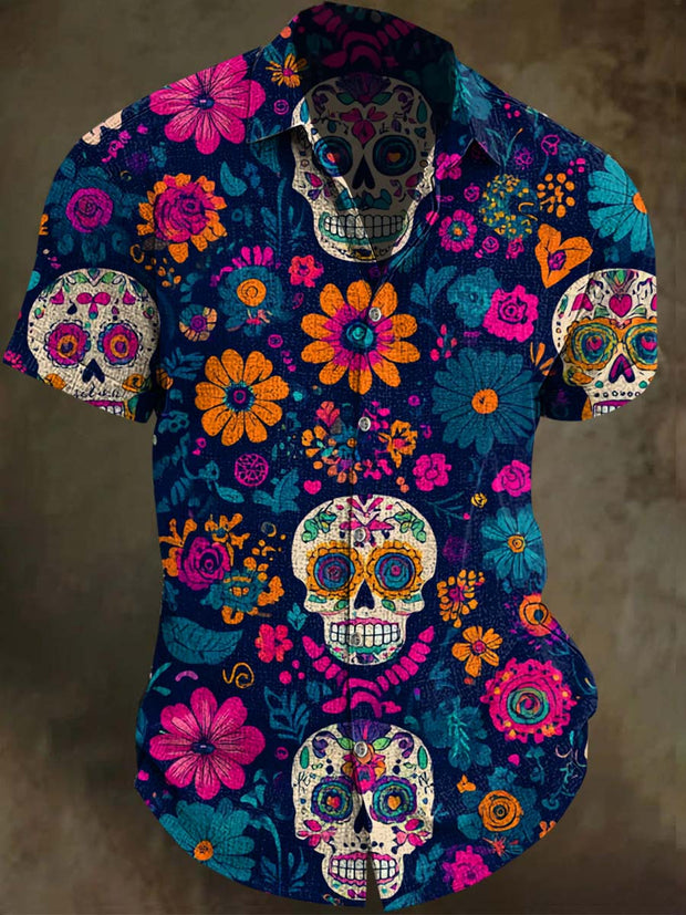 Vintage Floral Skull Print Casual Short Sleeve Shirt