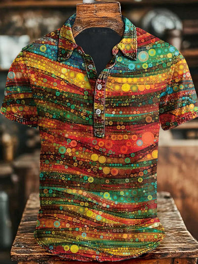 Vintage Colorful Stripe Printed Casual Short Sleeve Polo Shirt