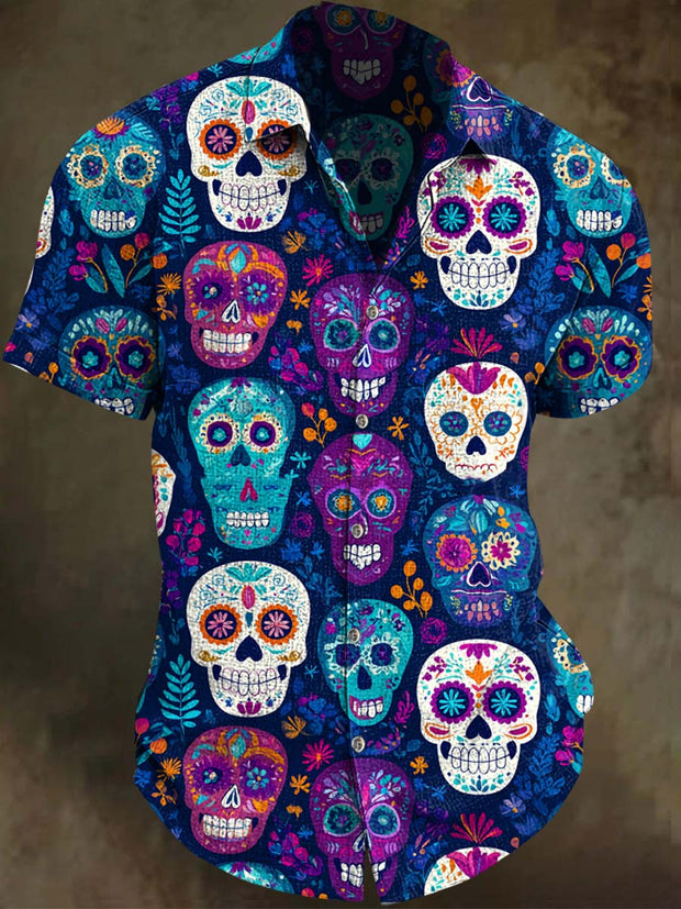 Vintage Floral Skull Print Casual Short Sleeve Shirt