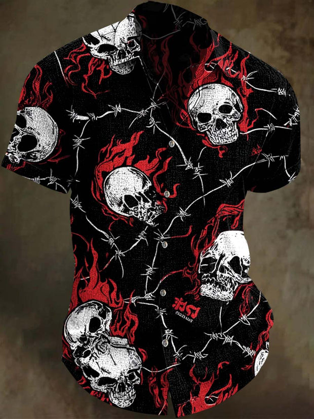 Flaming Skull Print Casual Short Sleeve Shirt