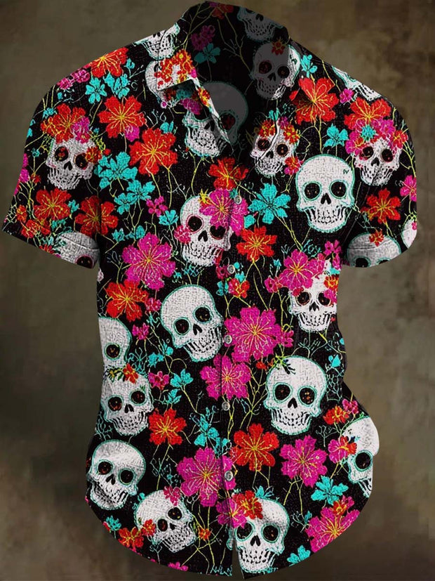 Floral Skull Print Casual Short Sleeve Shirt
