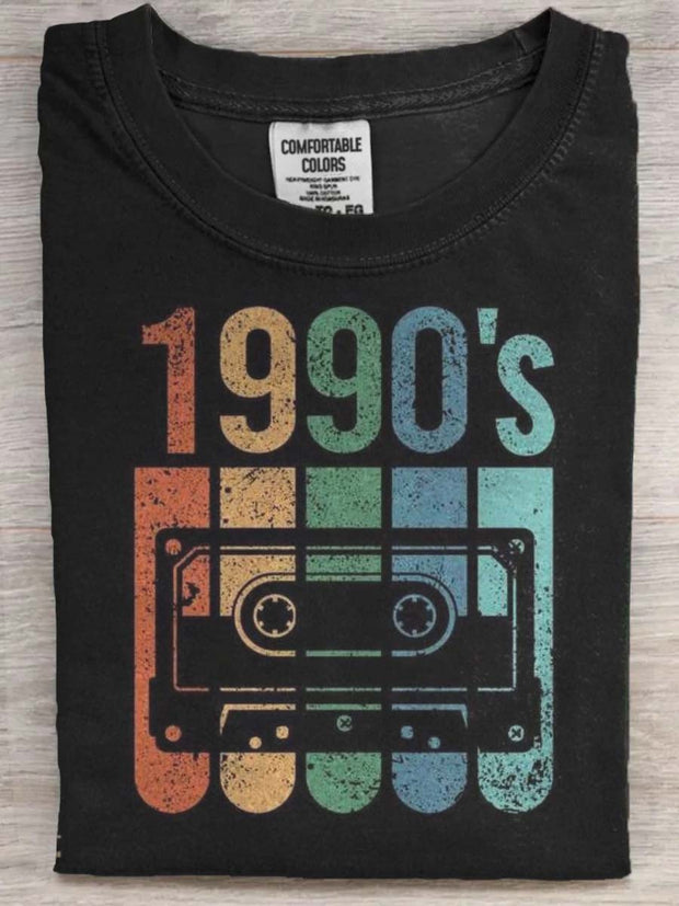 Vintage Tape Print Casual Short Sleeve T-Shirt