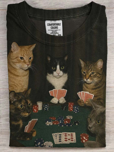 Funny Cat Playing Cards Printed Casual Short Sleeve T-Shirt