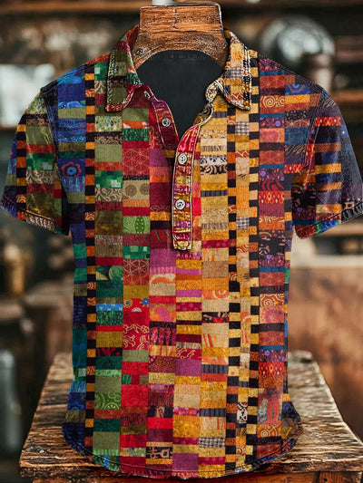 Colorful Irregular Geometric Squares Printing Casual Short Sleeve Polo Shirt