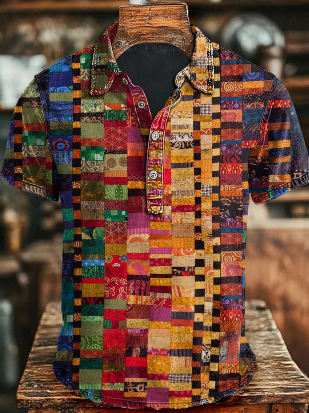 Colorful Irregular Geometric Squares Printing Casual Short Sleeve Polo Shirt