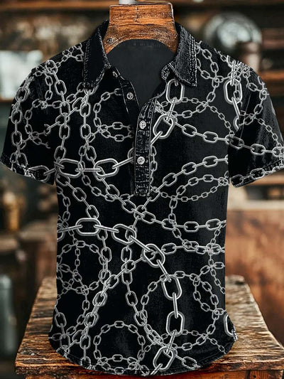 Abstract Chain Print Casual Short Sleeve Polo Shirt