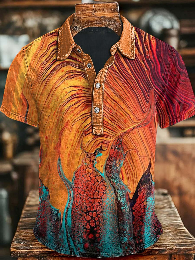 Abstract Gradient Wood Grain Print Casual Short Sleeve Polo Shirt