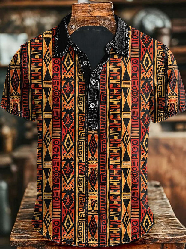 Vintage Tribal Pattern Printed Casual Short Sleeve Polo Shirt