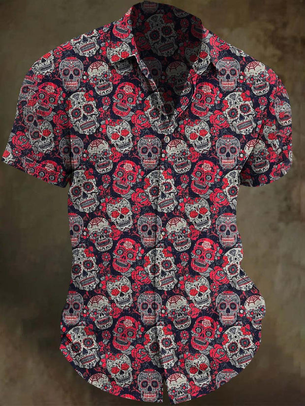 Vintage Floral Skull Print Casual Short Sleeve Shirt
