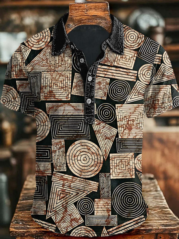 Vintage Tribal Pattern Printed Casual Short Sleeve Polo Shirt