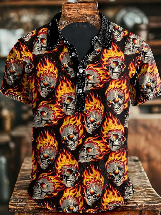 Halloween Flame Skull Print Casual Short Sleeve Polo Shirt