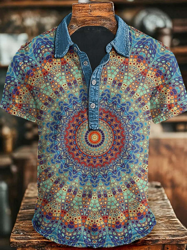 Mandala Floral Print Casual Short Sleeve Polo Shirt