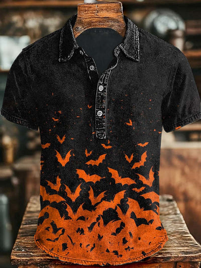 Halloween Bat Print Casual Short Sleeve Polo Shirt