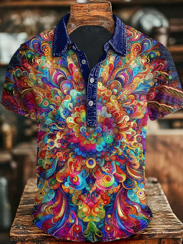 Abstract Dazzle Color Floral Print Casual Short Sleeve Polo Shirt