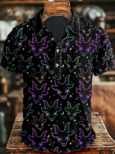 Halloween Goat Print Casual Short Sleeve Polo Shirt