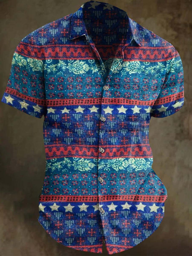Gray Blue American Flag Boho Print Casual Short Sleeve Shirt
