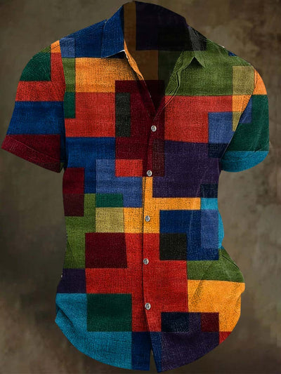Colorful Irregular Square Print Casual Short Sleeve Shirt