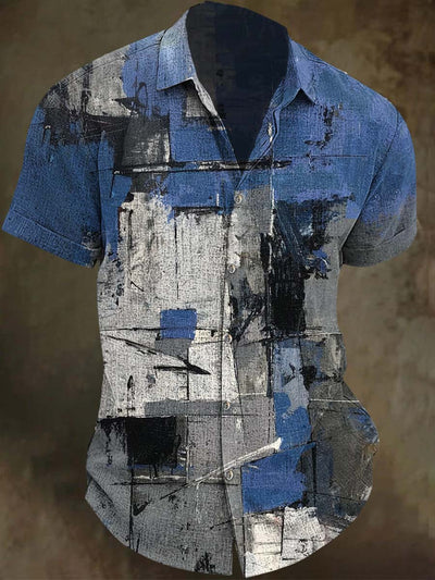 Abstract Color Block Irregular Art Print Casual Short Sleeve Shirt