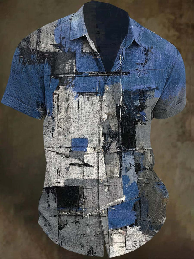 Abstract Color Block Irregular Art Print Casual Short Sleeve Shirt