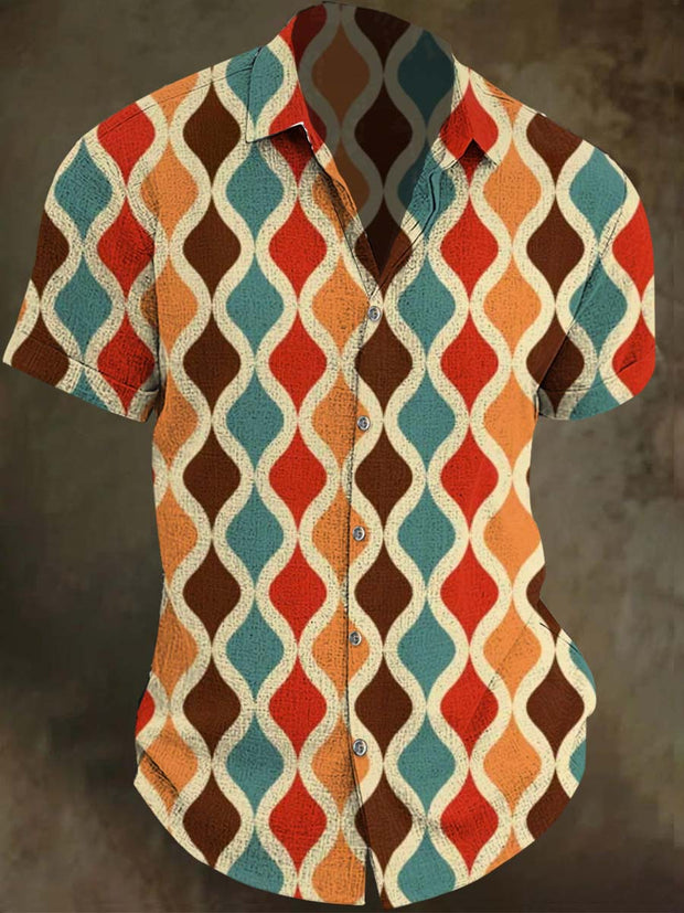 Abstract Vintage Diamond Check Art Print Casual Short Sleeve Shirt