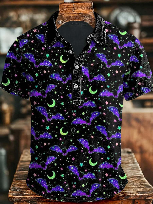 Halloween Bat Print Casual Short Sleeve Polo Shirt